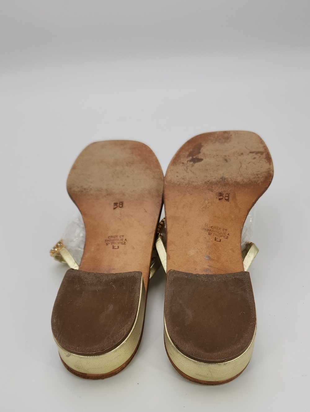 K.Jacques St. Tropez Gold Leather Crystal Embellished Sandals - Size 38 - Picture 9 of 13